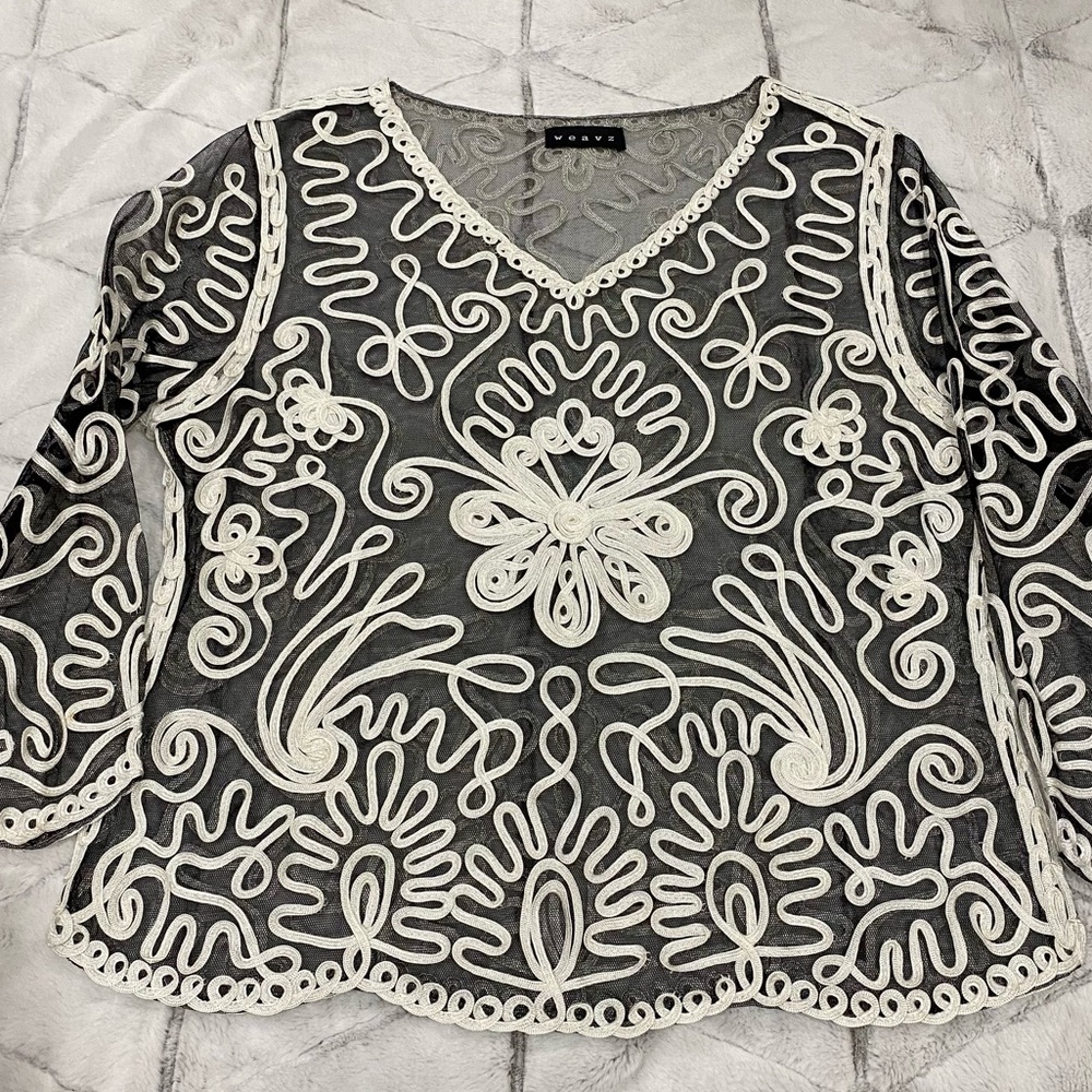 Weavz S/M Black Mesh Romantic Top Applique Ribbon Embroidered Semi Sheer Blouse